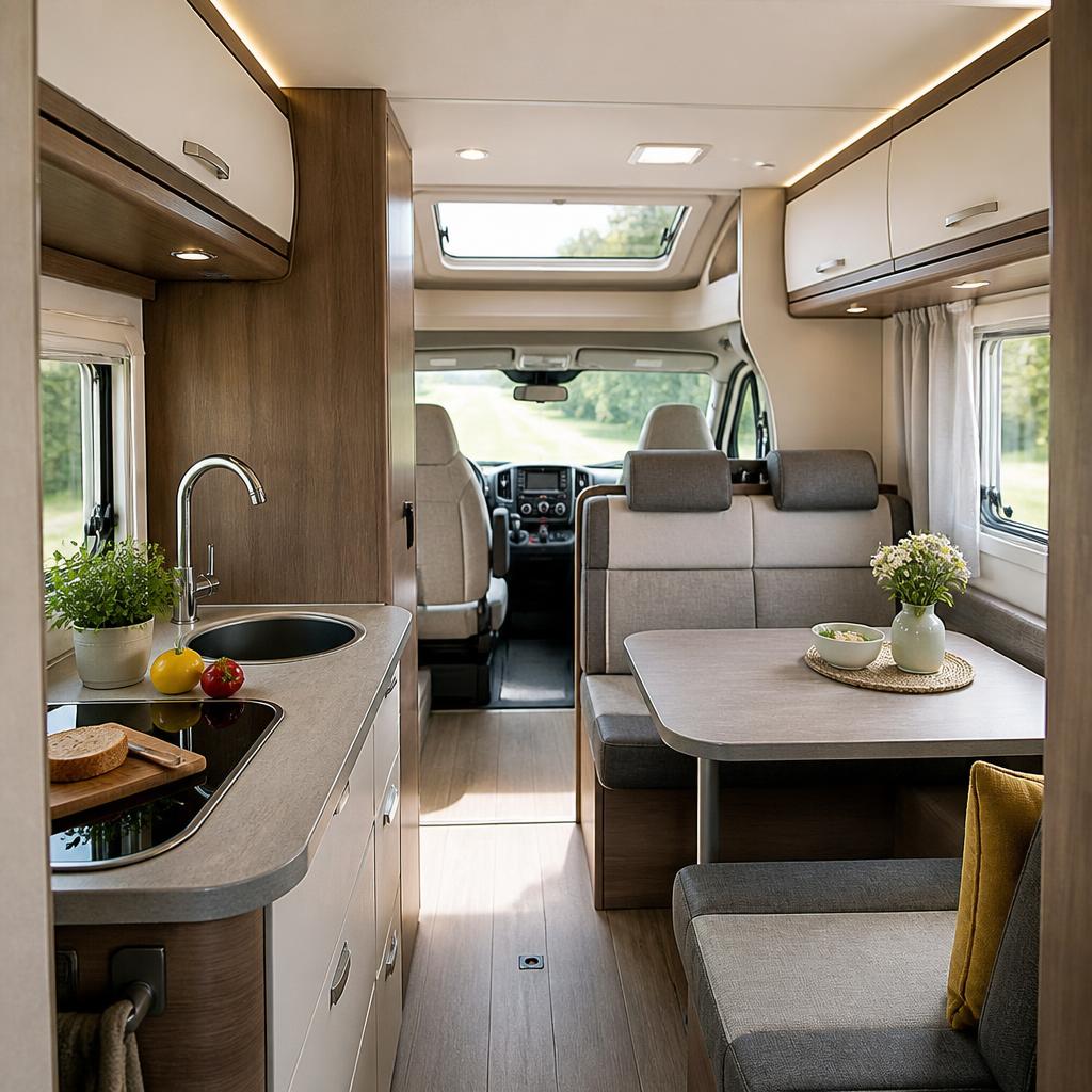 Een nette camperinterieur maakt het verblijf direct comfortabel.